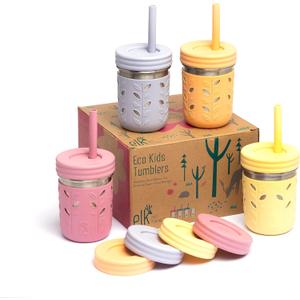 Elk and Friends 10oz Stainless Steel Kids + Toddler Drinking Cups | The Original Mason Jar with Sleeves + Lids | Silicone Straws | Smoothies | Storage Jar | Spill Resistant | Dishwasher Safe | 4 Pack (Blush/Lilac/Lemon/Peach)