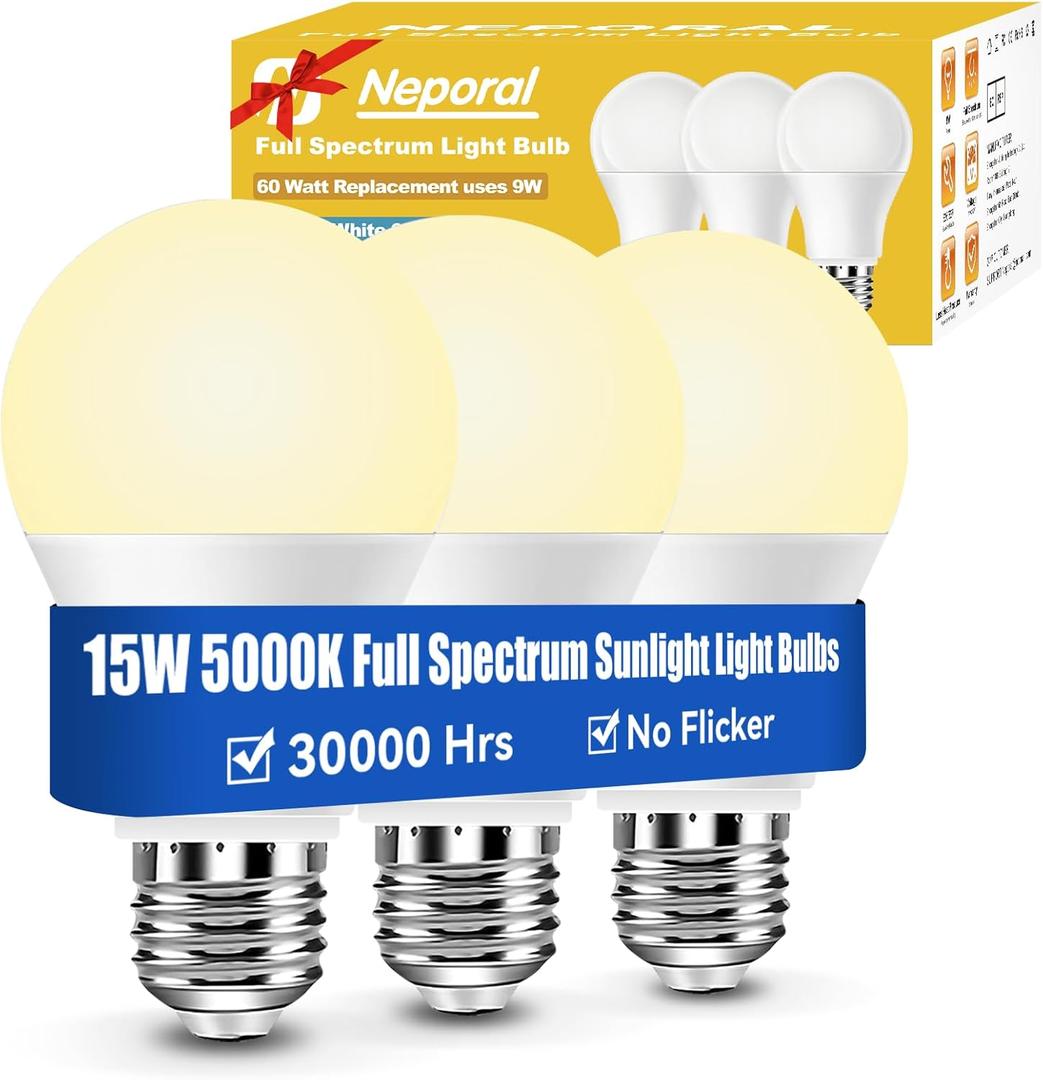 Neporal 15W Full Spectrum Light Bulb, 2700K Warm UV-Free Natural Sunlight Bulbs, 15W 100W Equivalent LED Light Bulb, CRI 90+, No Flicker, 1200Lumen Daylight Sun Light for HumansHome & Office,3PK (2700k Soft White)