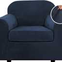 H.VERSAILTEX Rich Velvet Stretch 2 Piece Chair Cover Chair Slipcover Sofa Cover Furniture Protector Couch Soft with Elastic Bottom Chair Couch Cover with Arms Width Up to 49 Inch(Chair,Navy)