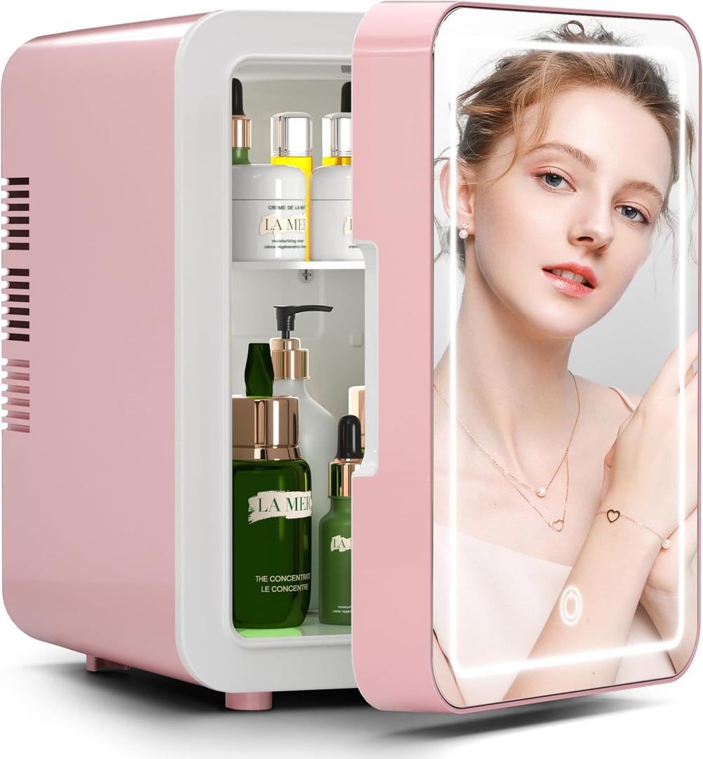 Mini Skincare Fridge (4 Liter/6 Can) with Dimmable LED Light Mirror, Cooler and Warmer for Refrigerating Make Up, Skin Care and Food, Portable Mini Fridge for Bedroom, Office and Car, Pink