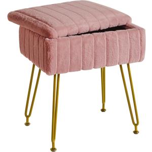 IBUYKE Stool Chair with Storage Space, Footrest Footstool Ottoman, Small Side Table, with 4 Metal Legs, with Anti-Slip Feet, for Makeup Room, Bedroom, Faux Fur, Pink LG-50P