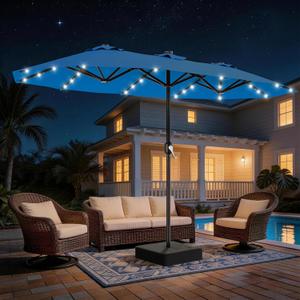 AreShark 13 FT Patio Umbrella with Solar Lights, Double-Sided Outdoor Table Umbrellas with Crank, Large Rectangular Market Umbrella for Porch, Lawn, Pool, Backyard, Royal Blue