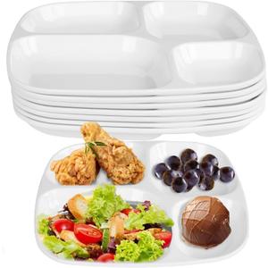 Divided Meal Tray, 8 PCS 10 Inch Melamine Dinner Plates for Adults, 4 Compartment Portion Control Plate, Sectional Food Tray for Salad, Noodles, BPA-Free Reusable Serving Platter for Camping