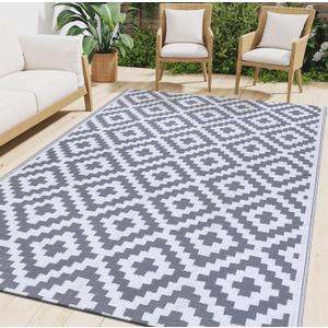 Smiry Waterproof Outdoor Rug 6x9 ft, Reversible Plastic Straw Patio Camping Rugs, Outdoor Indoor RV Mat Carpet for Patio, Outside Entry, Backyard, Deck, Bench, Picnic, Camper, White & Grey