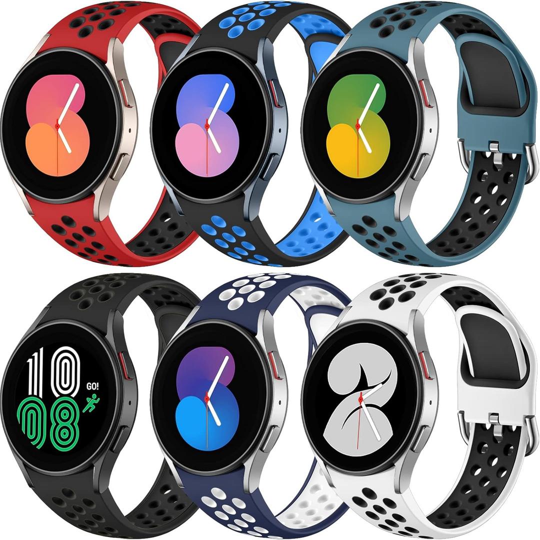6 PACK No Gap Bands Only Compatible with Samsung Galaxy Watch 7/6/5/4 Band 40mm 44m/Watch 6 Classic 43mm 47mm/Galaxy Watch 5 Pro 45mm/4 Classic 42mm 46mm, 20mm Soft Silicone Sport Bands for Women Men (Large, Black Blue/Red Black/Rock Green Black/Black Black/Navy Blue White/White Black)
