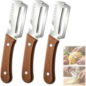 3PCS Multifunctional Vegetable Peeler, 3 in 1 kitchen gadgets, With wooden handle & bottle opener and grater, for potatoes garlic sugarcane carrots and other vegetables or fruits