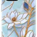 for iPhone 15 Case, Stained Glass Floral Flower Vintage Design Cover, Elegant Glossy Aesthetic Hybrid 2-Layer Hard Shell Shockproof Phone Case for Girls Women 6.1", Blue Flowers