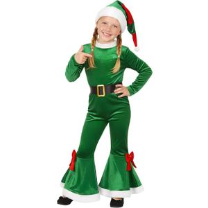 Christmas Costume for Girls Santa Claus Outfit for Girls Mrs Claus Dress With Xmas Hat (9-11 Years, Green)