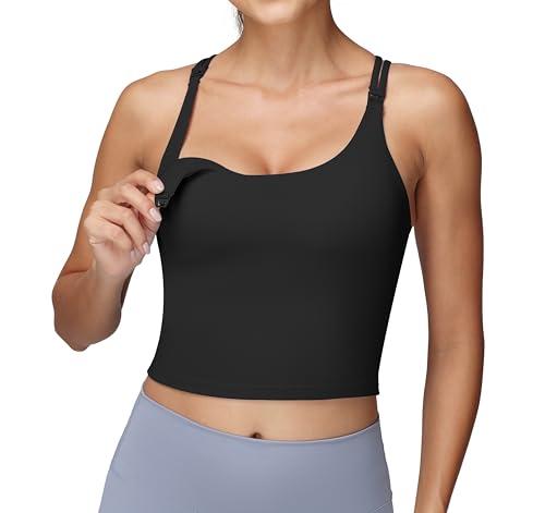 Foucome Nursing Tank Tops for Breastfeeding Longline Nursing Sports Bra Cross Back Workout Crop Top with Built in Bra Black, Small