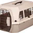 Amazon Basics Hard-Sided Dog and Cat Kennel, Single-Door Travel Pet Carrier with Metal Wire Ventilation, 23.6"L x 15.7"W x 13"H, Beige