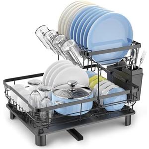 DMTXCRP Dish Drying Rack, Space Saving & Durable, Rust-Proof Large 2 Tier Stainless Steel Dish Racks for Kitchen Counter with Cutlery & Cup Holder & Drainboard