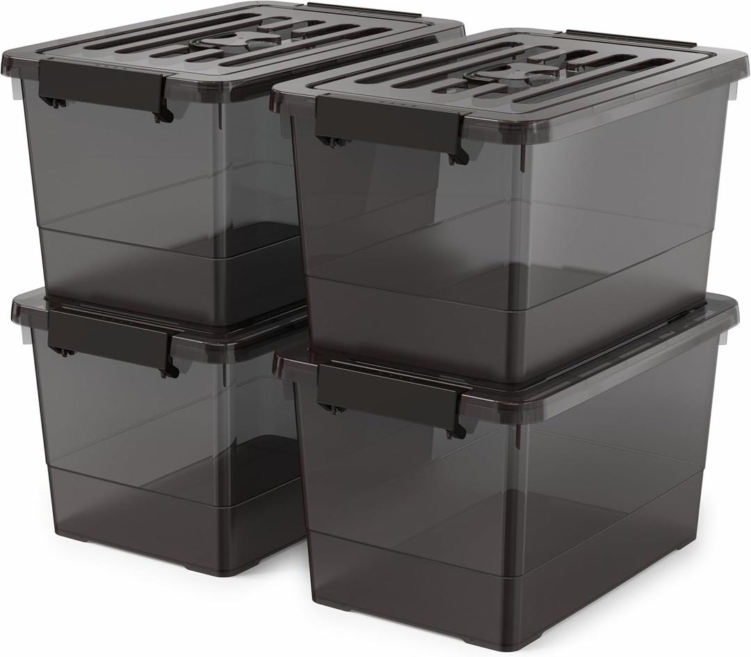 17 Qt Stackable Storage Bins with Lids, Black Clear Locking Plastic Storage Containers with Latches, Organizer Totes for Closet Pantry Bedroom Garage, Space Saving Nesting Storage Box（4 Pack）