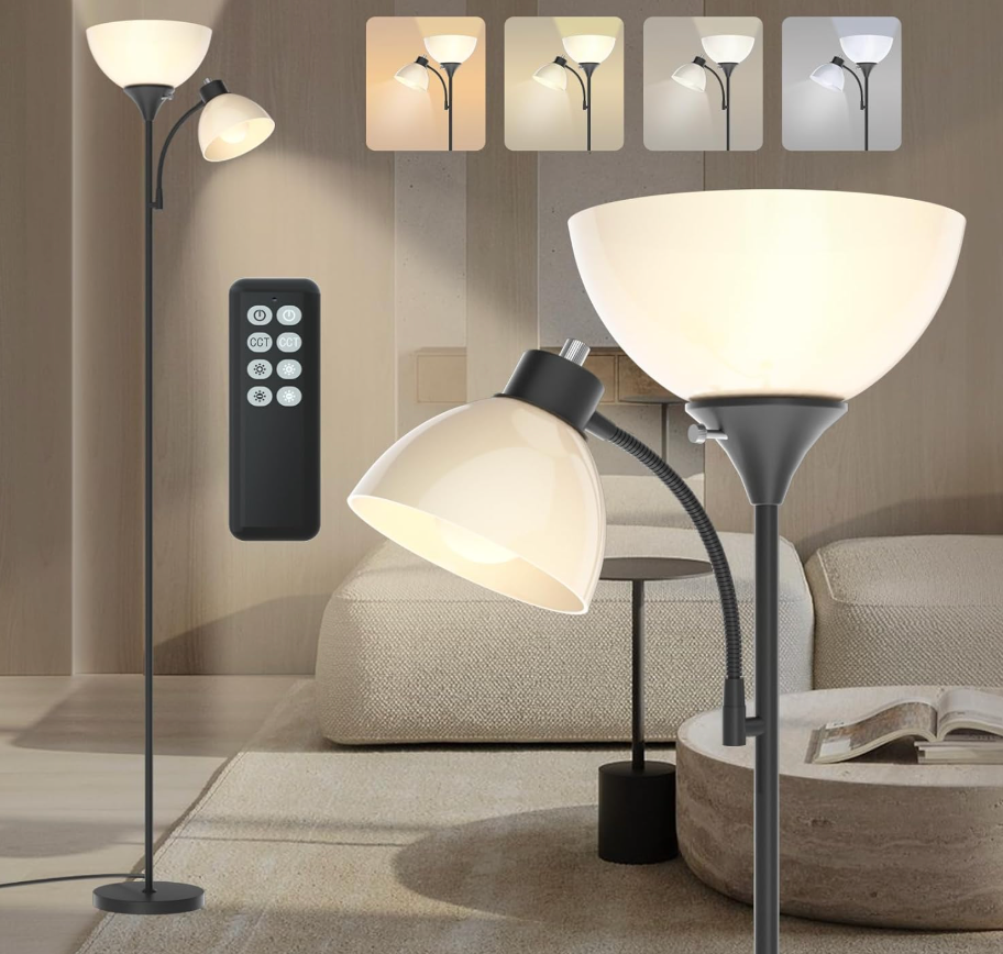 GERGO Led Floor Lamp, Super Bright 11W+7W 2100LM Torchiere Floor Lamps for Living Room, Stepless Adjustable 4 Color Temperatures 3000K6000K with Remote Control for Bedroom (Matte Black)