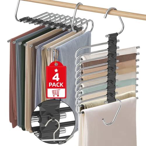 Upgrade 9 Layers Pant Hangers Space Saving, Non Slip Stainless Steel Multifunctional Pants Rack S-Type Clothes Pant Closet Hanger Organizer with Hooks for Pants Jeans Trousers Scarf (4 Pack, Black)