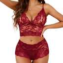 Lilosy Sexy Sheer Floral Lace Pajamas Lingerie Set High Waist Sleepwear Bra and Panty 2 Piece Nightwear (Large, Burgundy Red)