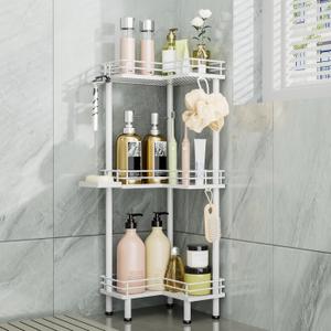 Consumest Corner Shower Caddy Standing - 3-Tier Stainless Steel Shower Organizer with Soap Holder and 4 Hooks, Large Capacity Corner Shelf Stand for Bathroom, Rest Room, White Consumest Corner Shower Caddy Standing - 3-Tier Stainless Steel Shower Organizer with Soap Holder and 4 Hooks, Large Capacity Corner Shelf Stand for Bathroom, Rest Room, White