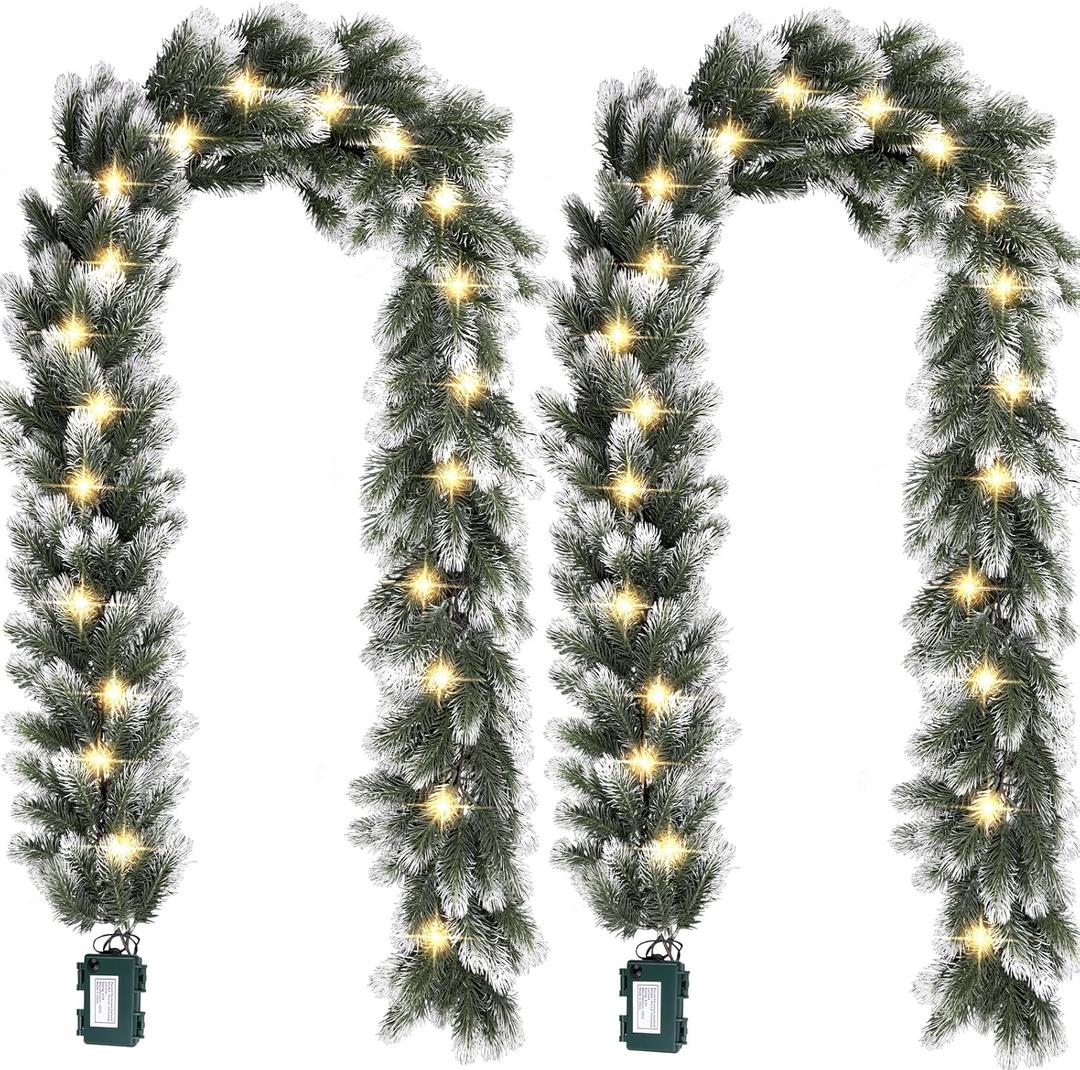 2 Pack Pre Lit Snow Flocked Christmas Garland 6 ft Artificial Christmas Garland with Warm White 30 LED Light and Timer Frosted Faux Pine Winter Garland for Home Indoor Outdoor Mantel Seasonal Decor