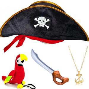 4Pcs Pirate Hat Skull Print & Stuffed Shoulder Parrot & Inflatable Swords Anchor Pendant Necklace, Pirates Captain Costume Accessories for Toddler Kids Adults Woman Men for Halloween Party Cosplay