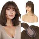 S-noilite Human Hair Toppers for Women with Bangs 100% Real Human Hairpiece 5"x3" Clip in Silk Base Topper Piece Cover Thinning Fine Hair 10 inch Coffee Brown