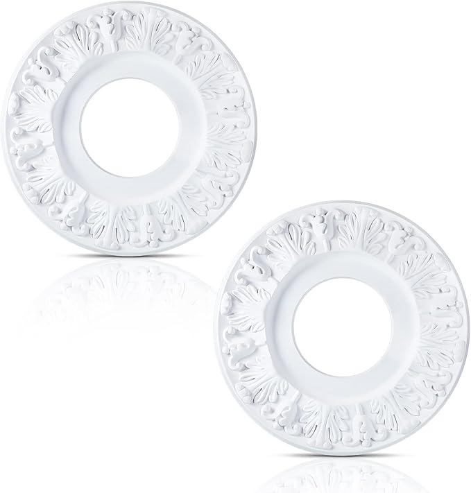 2 Pieces Ceiling Medallion Molded White PU Ceiling Medallions for Light Fixtures Cover Decorative Plate for Replacement Canopies Home Chandelier Fans 10"OD x3.5"ID
