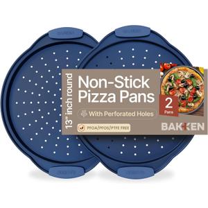 Bakken Pizza Baking Pan - Round Perforated Carbon Steel Pan with Non-Stick Marble Coating, Oversized Silicone Handle, Dishwasher Safe, High-Temperature Resistant, Durable & Easy Cleanup Blue, 2 Pack