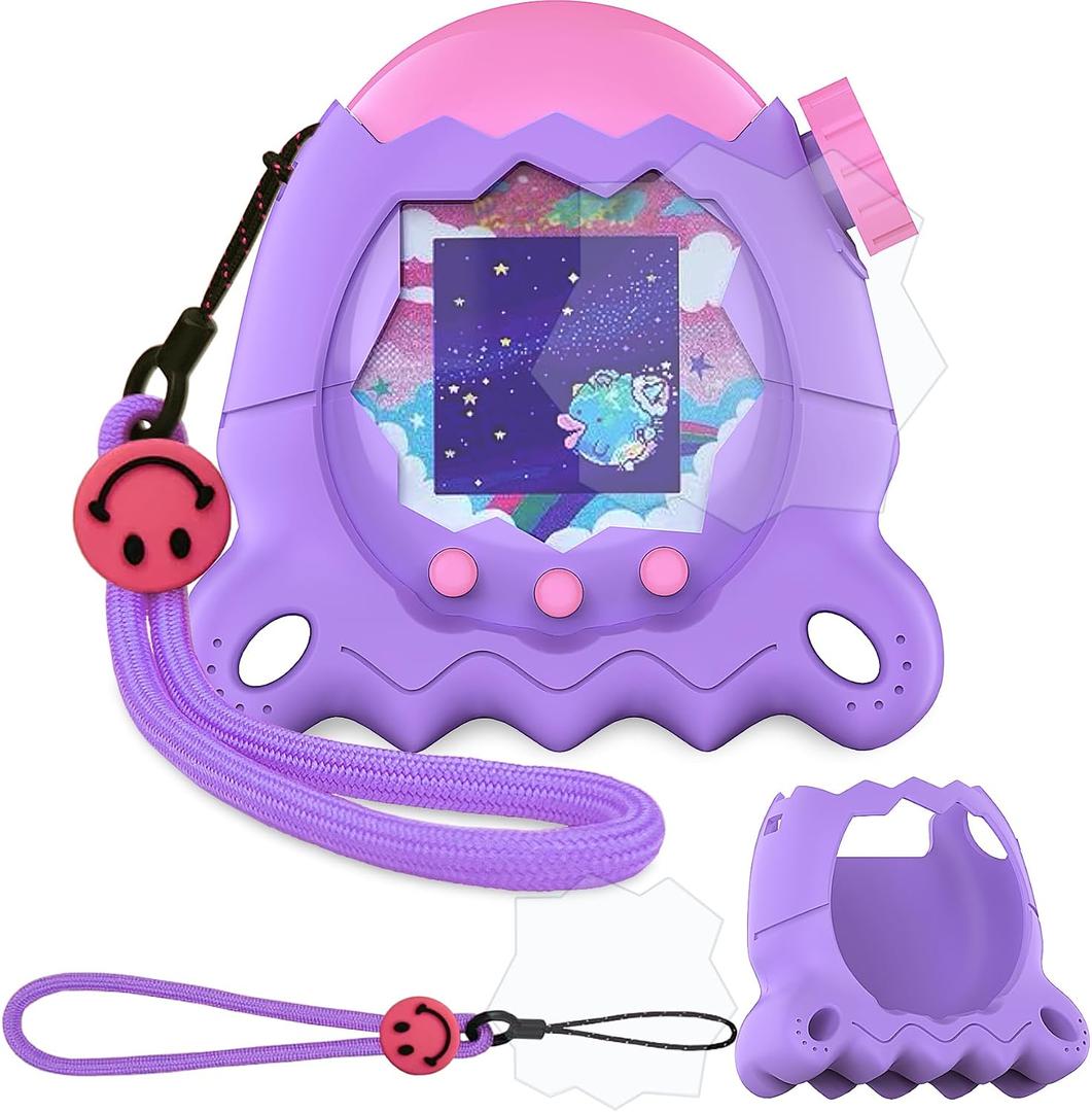 JCHPINE Silicone Cover Case for Tamagotchi Paradise Interactive Virtual Pet, Stand up Case with Screen Protector and Lanyard (Purple)