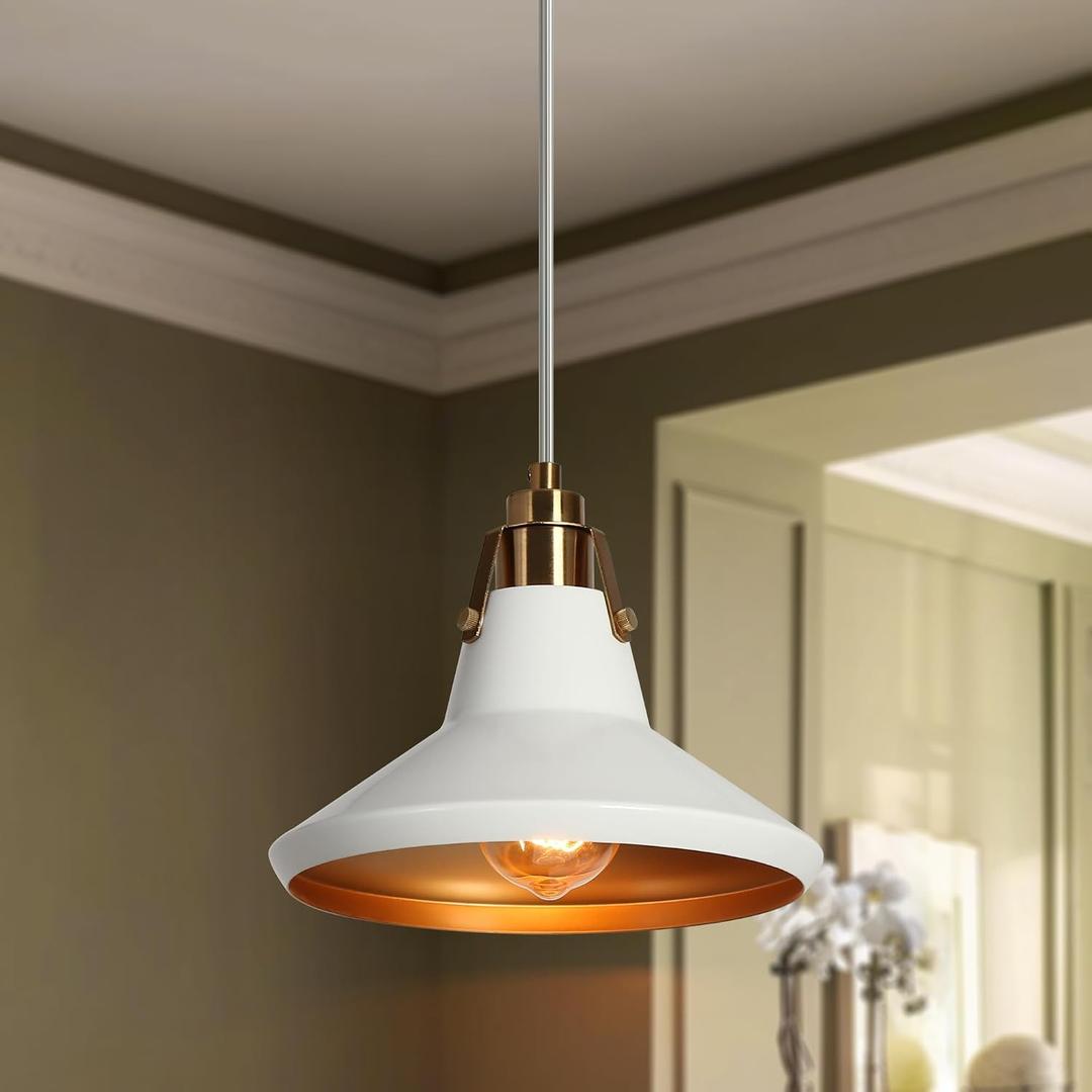 KSANA Pendant Light Kitchen Island, White and Gold Pendant Light Fixture with Metal Shade Modern Pendant Lighting for Kitchen Dining Room Hallway