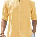 J.VER Men's Cotton Linen Long Sleeve Shirts Casual Button Down Banded Collar Shirt Beach Summer Tops with Pocket (Medium, Light Yellow)