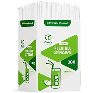 Comfy Package Individually Wrapped Disposable Plastic Flexible Drinking Straws - BPA Free - White [380 Pack]