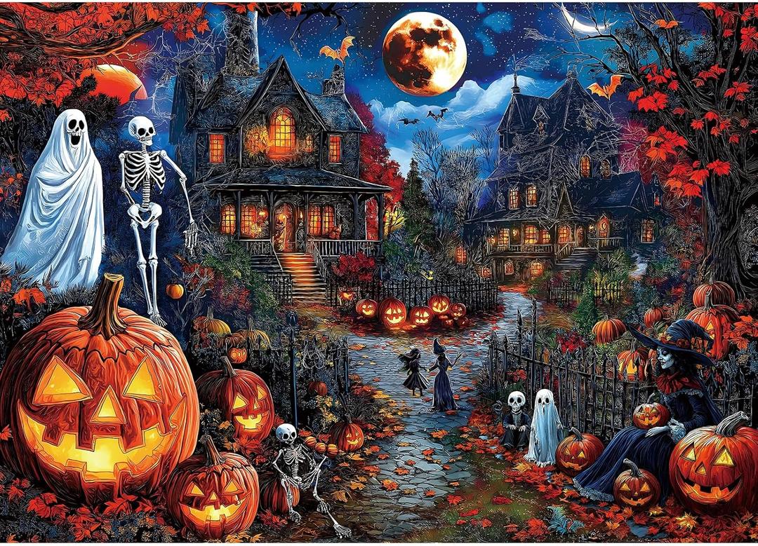 Blueforest Halloween 1000 Piece Jigsaw Puzzle for Adults - Spooky Ghosts, Skeletons, Pumpkins, Witch & Haunted House Puzzle, Challenging Fun Adult Puzzles for Relaxation, Decor & Gifts (27.5" X 19.7", Halloween Mystery Moon)