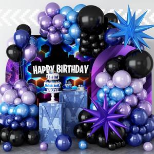 Black Purple Blue Balloon Arch Garland Kit, 127Pcs Navy Light Blue Metallic Lavender Violet Black Latex Balloons with Chrome Explosion Star Balloons for Kids Game Birthday Outer Space Party Decoration