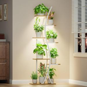 62" Plant Stand Indoor with Grow Lights - 7 Tiered Tall Metal Plant Shelf - Corner Wooden Plant Stand for Indoor Plants Multiple, Large S-Shape Flower Rack Holder for Living Room, Garden, Patio Decor
