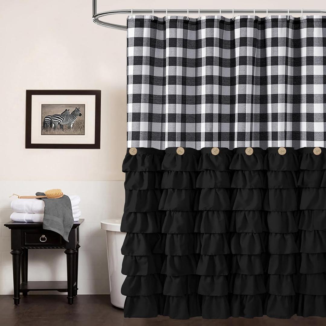 2 x Seasonwood Black Farmhouse Shower Curtain Set with 12 Hooks 72 X 72inch Black and White Buffalo Plaid Pattern Fabric Shower Curtains with Buttons & Black Ruffles for Bathroom Bathtubs Decor