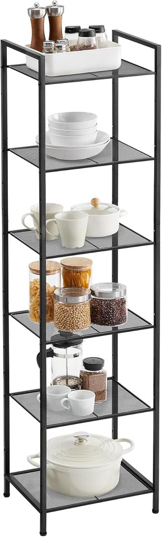 SONGMICS 6-Tier Storage Rack, Bathroom Shelf, Extendable Plant Stand with Adjustable Shelf, for Bathroom, Living Room, Balcony, Kitchen, Classic Black UBSC036B01