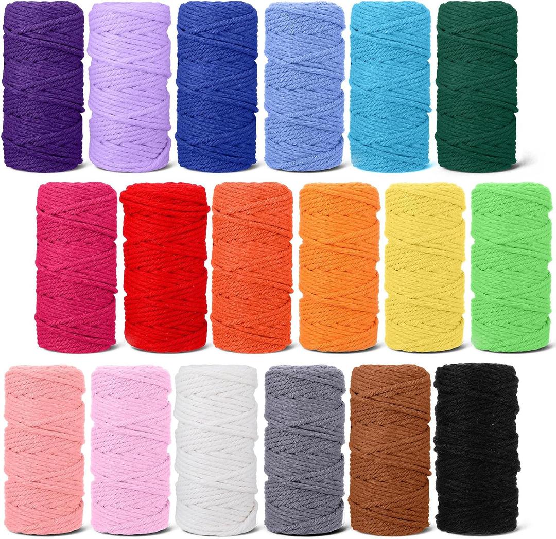 Macrame Cord 3mm x 590 Yards, 18 Rolls Natural Colored Macrame Cotton Supplies 4 Strand Twisted Cotton Cord Rope for DIY Knitting Crafts Knitting Plant Hangers Wedding Decor