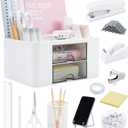 White Desk Organizers and Accessories 12+1Pcs, Office Supplies for Desk, Pen Organizer with 2 Drawers with Stapler,1000 Staples, Phone Holder, Tape Dispenser, Pen Holder, Sticky Note,Clips,Ruler,Etc