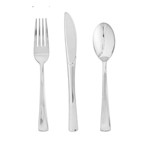 FOCUSLINE 75 Pack Silver Plastic Silverware Disposable Cutlery Set - 25 Forks Knives Spoons - Disposable Flatware Heavy Duty Plastic Utensils Set for Catering, Parties, Dinners, Weddings