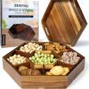 Snack Tray with Lid That Doubles as a Serving Tray - 13"x11" Acacia Wood Decorative Tray with 7 Compartments for Dry Fruits & Nuts, Hexagon Coffee Table or Ottoman Tray with Handles for Living Room