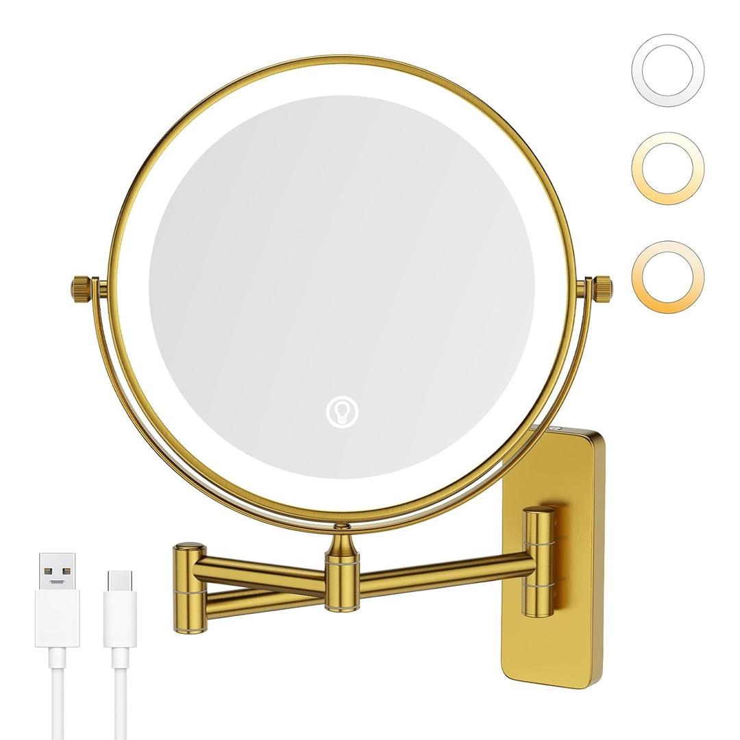 GURUN 8" Rechargeable Wall Mounted Makeup Mirror- 10X Magnifying Mirror with Light | 3 Color LED Lighting & Touch Control | 360 Rotation & Extended Arm | Dual-Sided Bathroom Mirror M1406DGJ(8",10X)