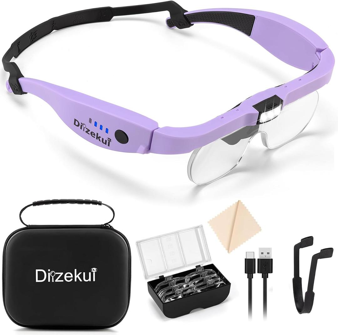 Magnifying Glass with Light, Rechargeable Magnifying Glasses 1.5X-5X Lenses, Magnify Glasses for Close Work with Carry Case, Magnifier Headset Headband Magnifier for Craft Hobby Cross Stitch (Purple)