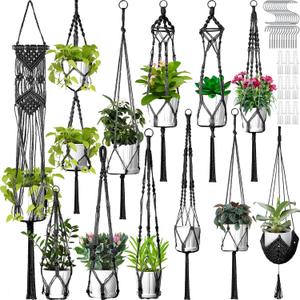 Hoteam 12 Pcs Macrame Plant Hangers Macrame Hanging Planters for Indoor Plants Handmade Boho Hanging Baskets Flower Pots Holder for Outdoor Home Wall Decor (Black)