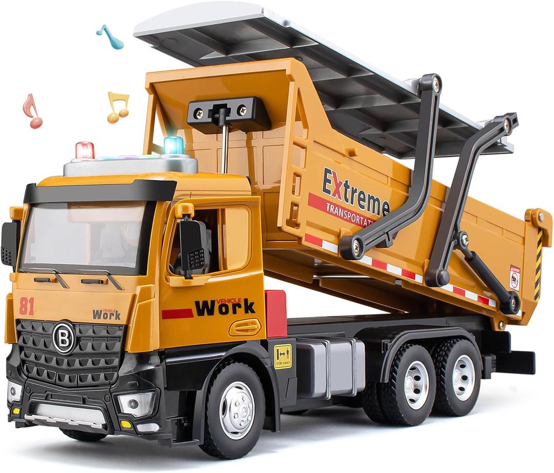 Dump Truck for Boys Age 4-7, 12" Big Plastic Toy Dump Truck with Sounds and Lights, Construction Vehicle Toy with Movable Parts for Kids