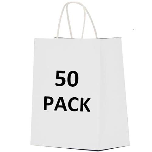 Qutuus 10x5x13 White Paper Bags 50 Pcs Gift Bags with Handles Bulk Large Paper Bags for Shopping, Retail, Merchandise, Paper Sack, White Kraft Bags