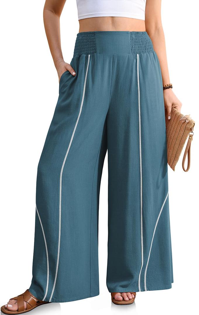 TARSE Women's Linen Palazzo Pants Wide Leg Lake Blue, XXL