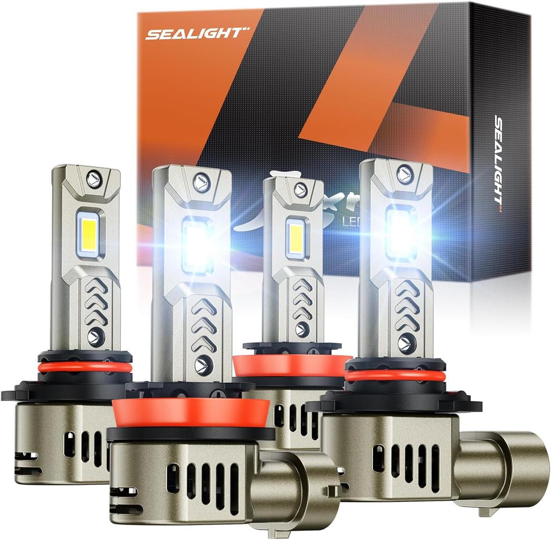SEALIGHT 9005/HB3 H11/H9/H8 LED Bulbs Combo, 1000% 90000LM Brighter than Original Bulb, 6500K Daylight White, 25000RPM Cooling Fan with IP68 Waterproof, 70000Hrs Long Lifespan, Pack of 4