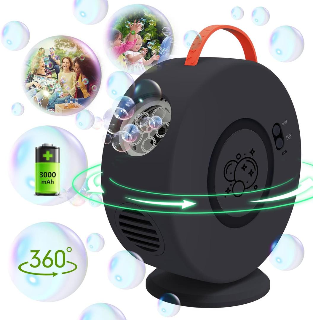 Bubble Machine for Kids Toddlers,Automatic Bubble Blower Rechargeable, 90 360 Auto Rotatable Portable Bubble Maker Electric Bubbles Toy for 3 4 5 6 7 8 Year Old, Outdoor Wedding Party Gifts (Black)