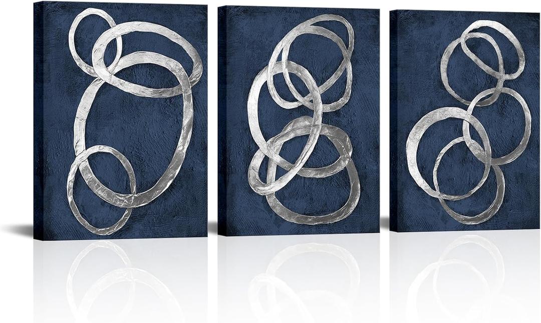 iKNOW FOTO Set of 3 Modern Abstract Blue and Silver Circle Canvas Prints Contemporary Artwork Painting for Bedroom and Bathroom Stretched Canvas Ready to Hang Each Panel 12x16 inches