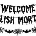Welcome Foolish Mortals Halloween Banner Decorations Halloween Haunted Mansion Banner Wall Decorations with Bat and Spider for Halloween Party Decorations