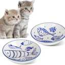 HAPPY KIT 2Pcs Wide Shallow Cat Bowls,8.5oz Colorful Plate Set with Non-Slip Mat,5.7 inch Indoor Ceramic Cats Dish/Dishes Relief of Whisker Fatigue - Microwave and Dishwasher Safe (fish)