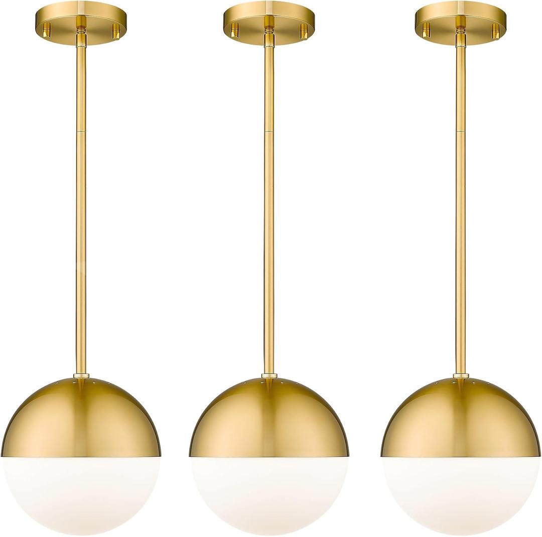 LMS 8 Inch Mid Century Pendant Lights, Brushed Gold Kitchen Island Light Fixtures with White Globe Glass Shade, Adjustable Hanging Rod, 3-Pack for Home Office Dining Room Bathroom, LMS-186BG3PK